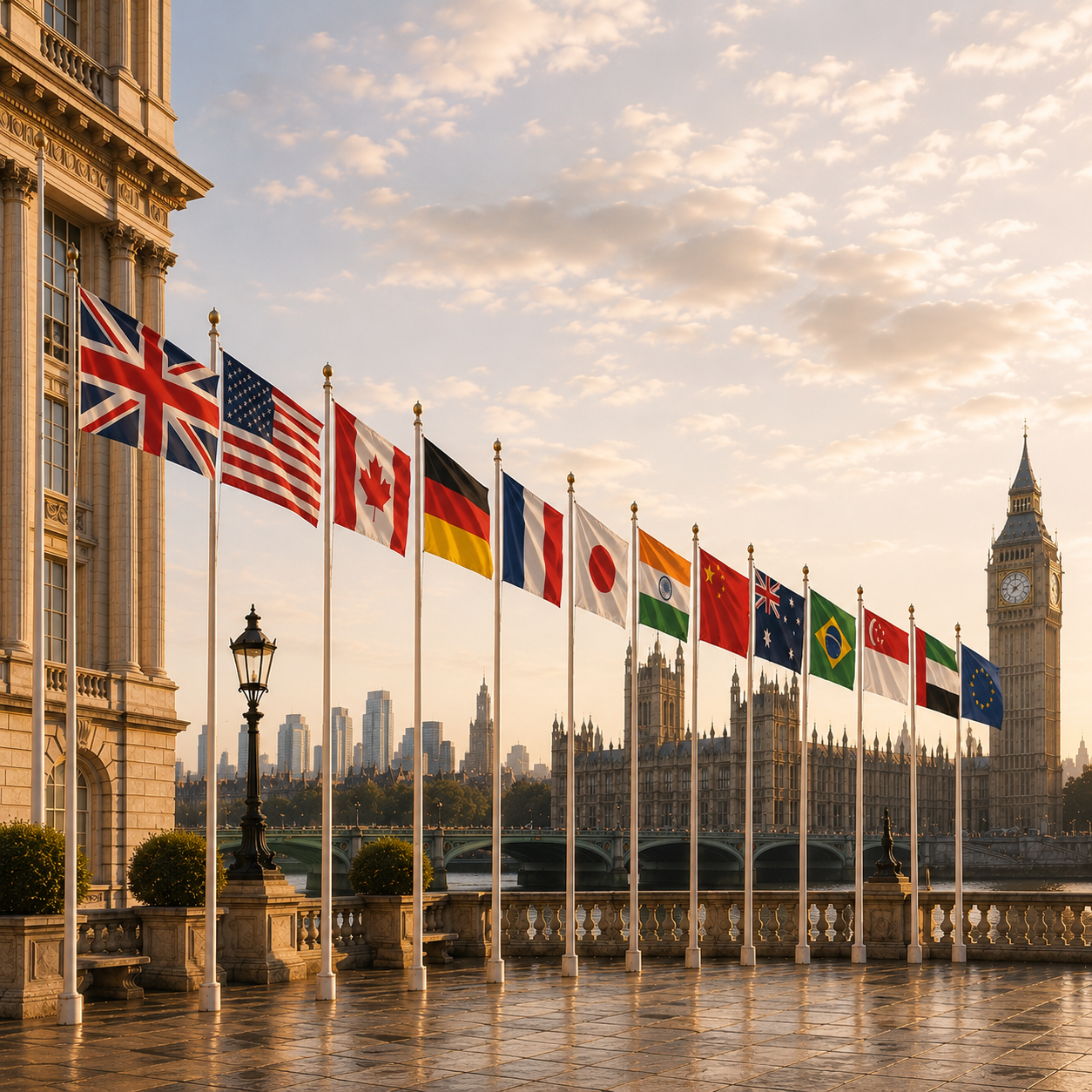 Flags of the represented nations along the Thames at the AE Global Summit.